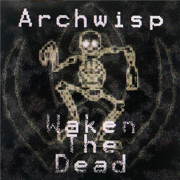 Pixelated skeleton dancing in front of Archwisp logo, overlayed with static